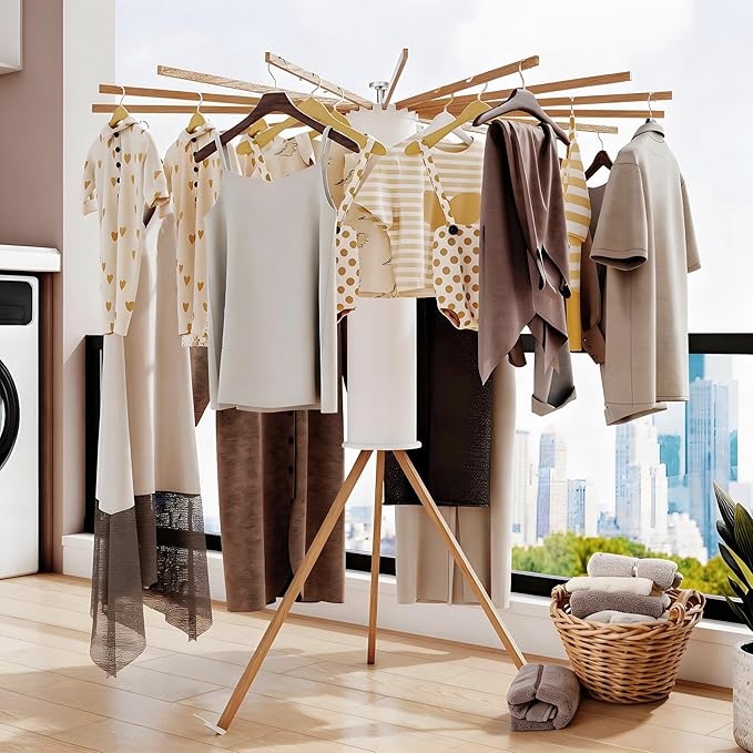 Clothes Drying Rack Tripod, Floor Standing Laundry Drying Rack, Portable & Foldable with 16 Wooden Poles Space-Saving Drying Rack for Laundry, Retractable Collapsible for Balcony Bedroom