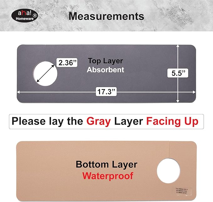 Faucet Mat for Kitchen Sink Offset : AHA HOMEWARE Kitchen Sink Splash Guard for Offset Double Sink, Cuttable Extra Hole for Soap Dispenser, Diatomite Leather Absorbent Fast Drying (Dark Gray)