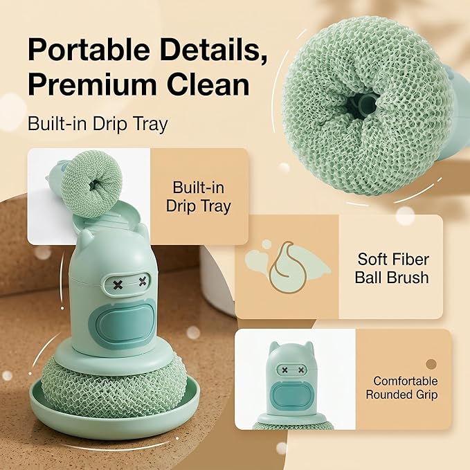 Refillable Soap Dispensing Dish Brush, Palm Grip Kitchen Scrubber, Push-Button Soap Dispenser, Heavy-Duty for Dishes Pots Pans Nonstick Cookware, BPA-Free Food-Safe Kitchen Cleaner (Green)