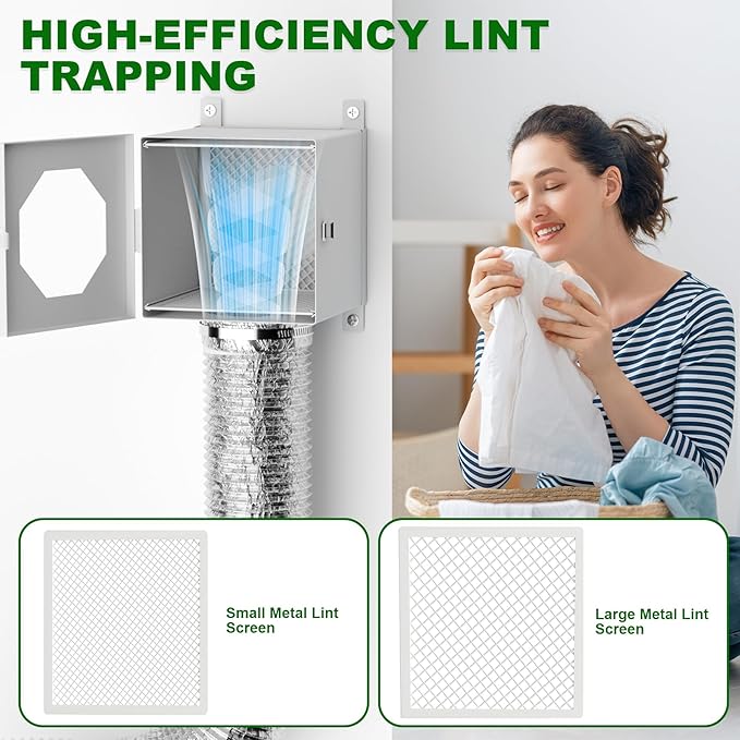 Metal Dryer Duct Lint Trap, Indoor Dryer Vent Kit with 90 Degree Elbow, 4 inch Duct Hose & Clamps Sealing Tape Cleaning Brush Filter, Secondary Lint Trap for Electric Clothes Dryers- White