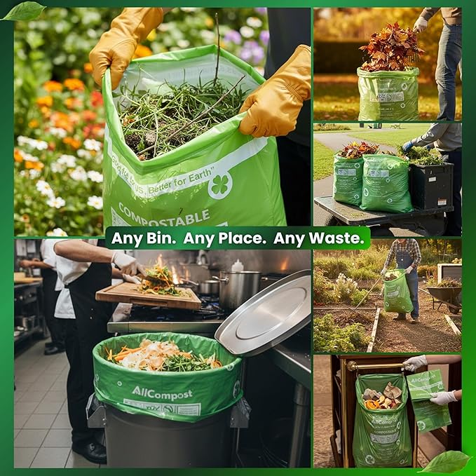 Compostable Trash Bags, 13 Gallon - Smart MultiBin Set 50 Count, Super Strong 0.9 Mil Leak Proof, BPI & OK Compost HOME Certified, ASTM D6400 -AllCompost
