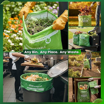 Compostable Trash Bags, 13 Gallon - Smart MultiBin Set 50 Count, Super Strong 0.9 Mil Leak Proof, BPI & OK Compost HOME Certified, ASTM D6400 -AllCompost
