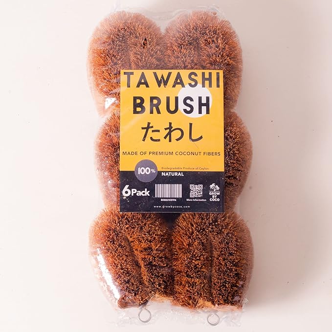 Pack of 6 Tawashi Vegetable Scrub Brush,100% Natural Coconut Coir Fiber VegetableBrush, Ideal for Fruit Scrub, Kitchen Cleaning Needs, Kamenoko Japanese Design