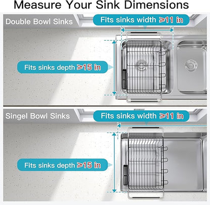 Over the Sink Expandable Dish Drainer Drying Rack In Stainless Steel for Small Kitchen, Counter Space Saving Modern Compact Metal Above Plate Dryer Strainer, Adjustable Hanging Inside Drain Holder