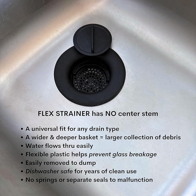 Flex Strainer® Sink Drain Strainer with Optional Stopper – No Center Stem, Fits Standard 3½” Sink Drains & Disposals – Easy Clean, Dishwasher Safe – Made in USA (Black, 3pc)