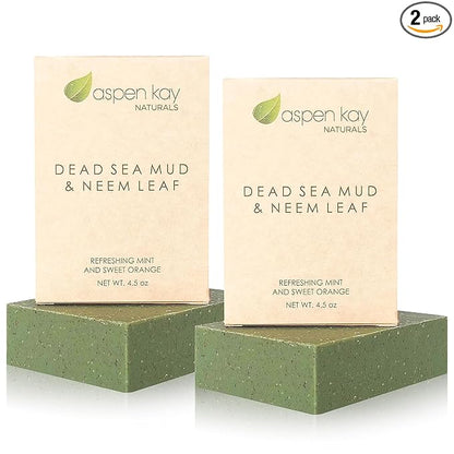 Aspen Kay Naturals Dead Sea Mud and Neem Soap - With Organic Shea Butter & Olive Oil. A Wonderful Neem Face Wash for all Skin Types. Handmade Soap - Made in USA. (2 pack)