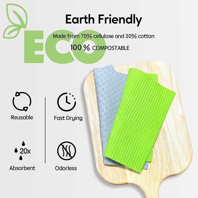 Eulnars Swedish Dishcloths for Kitchen, 10 Pack Reusable Paper Towels Washable, Ultra Absorbent Dish Towels for Washing Dishes, Non-Scratch Cellulose Sponge Cloths, No Odor, Biodegradable