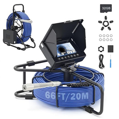 ZELCAN 4.3" Sewer Camera, Sewer Inspection Camera with 66 ft. Cable & Length Markers, Waterproof Drain Pipe Camera with 32GB Card 12 LED Lights, Rechargeable Plumbing Camera for Sewer Pipe Drain