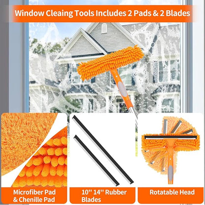 109" Window Cleaning Squeegee Kit, Professional 2 in 1 Squeegee Window Cleaner with Extension Pole, Window Washing Kit with 2 Blade 2 Pads for Indoor & Outdoor High Windows Car Glass