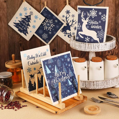 Cunhill 6 Pcs Swedish Kitchen Dish Cloths Kitchen Towels Reusable Sponge Cleaning Cloths Wipes Absorbent Dish Cloth Quick Drying Washable Decorative Tea Towels No Odor Bar Hand Towel (Blue Christmas)