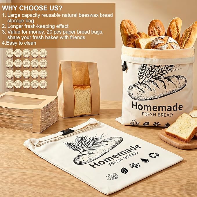 MASSUGAR 2 Pack Beeswax Bread Bags with 20 Paper Bread Bags for Sourdough Homemade Bread, XL Cotton Lining Sourdough Reusable Natural Beeswax Bread Storage Bag, Freezer-Friendly Freshness Preservation