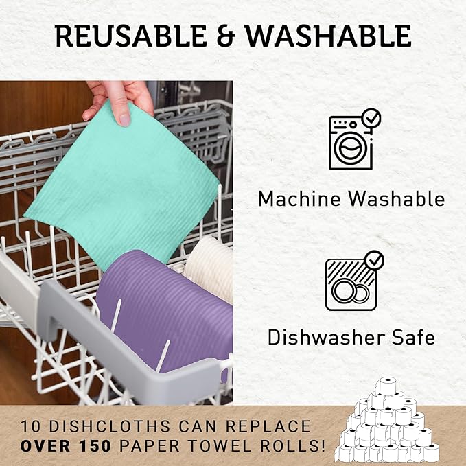 Nordhus Design Swedish Dishcloths for Kitchen – 10 Pack Reusable Sponge Cloths, Eco Friendly Cellulose Cotton Cleaning Cloth, Super Absorbent Biodegradable Paper Towel Alternative for Kitchen, Dishes
