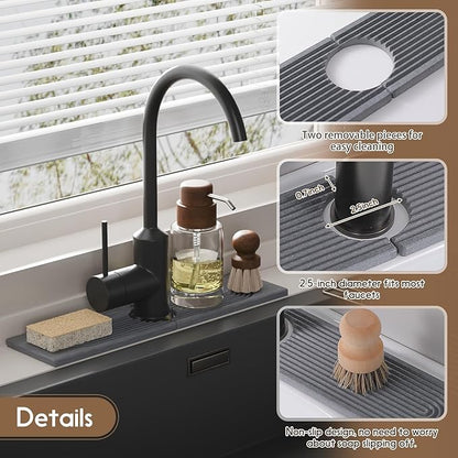 Faucet Mat for Kitchen Sink, Diatomite Quick Drying Tray , 15.8 Inch Kitchen Sink Splash Guard and Bathroom Stone Tray for Counter. Super Absorben.Deep Grey.