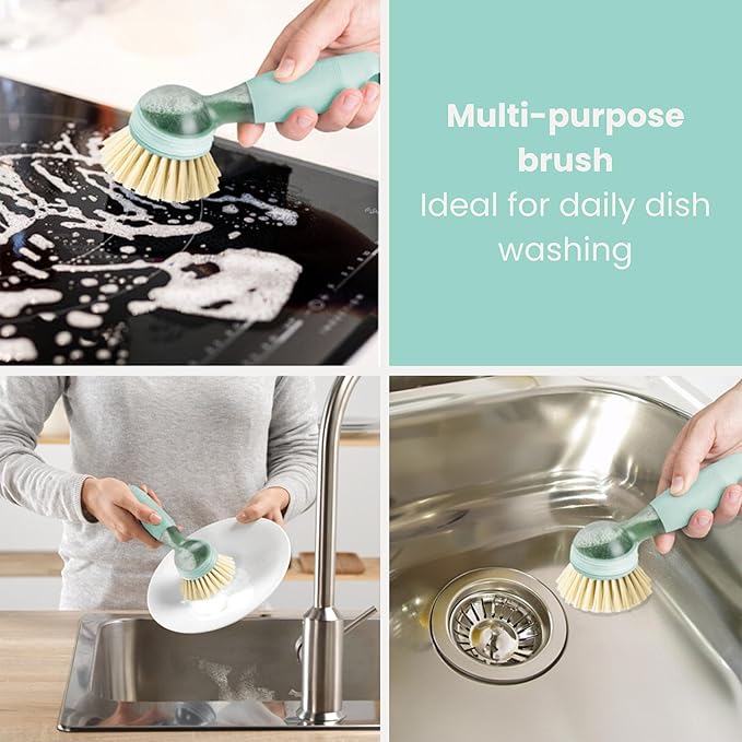 Vigar Rengo Dish Brush with Soap Dispenser - Dish Scrubber with Handle, Kitchen Scrub Brush for Dishes, Sink Cleaning Brush, Soap Dispensing Dish Wand with Nylon Bristles, Non Scratch - Turquoise