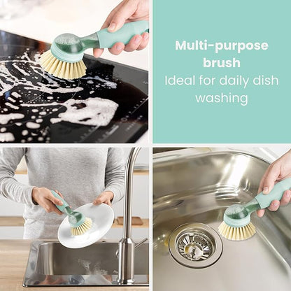 Vigar Rengo Dish Brush with Soap Dispenser - Dish Scrubber with Handle, Kitchen Scrub Brush for Dishes, Sink Cleaning Brush, Soap Dispensing Dish Wand with Nylon Bristles, Non Scratch - Turquoise