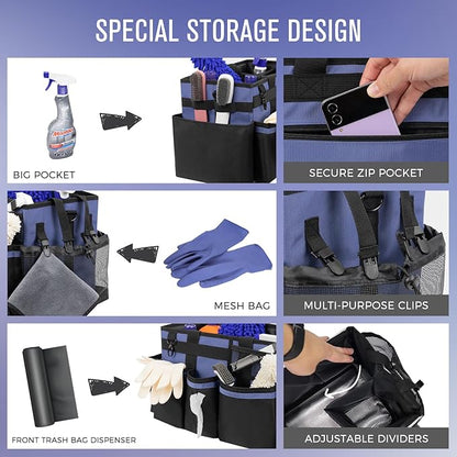 SCAVATA Wearable Cleaning Caddy, Cleaning Caddy Supplies Organizer with Handle & Shoulder Straps for Housekeepers, Under Sink & Car Cleaning Tool Organizers Bag with 4 Foldable Divider (CeruleanBlue)