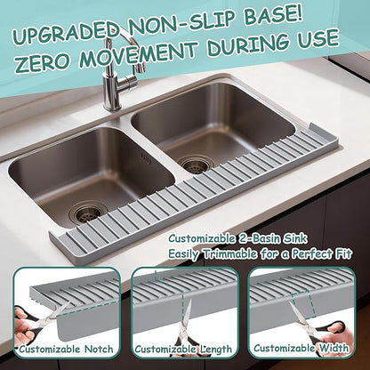 Silicone Sink Edge Protector Splash Guard, 20x4 Inch with Suction Cups & 5°Tilt, Cuttable for Kitchen Bathroom Countertops, Granite Quartz Surfaces (Gray)