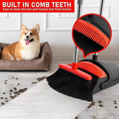 Broom with Dustpan Combo Set for Home 52-in Long Adjustable Handle Angle Broom and Dustpan Set with Dustpan Comb Teeth for Sweeping Pet Hair Food Dirt Kitchen (Black) (Red)