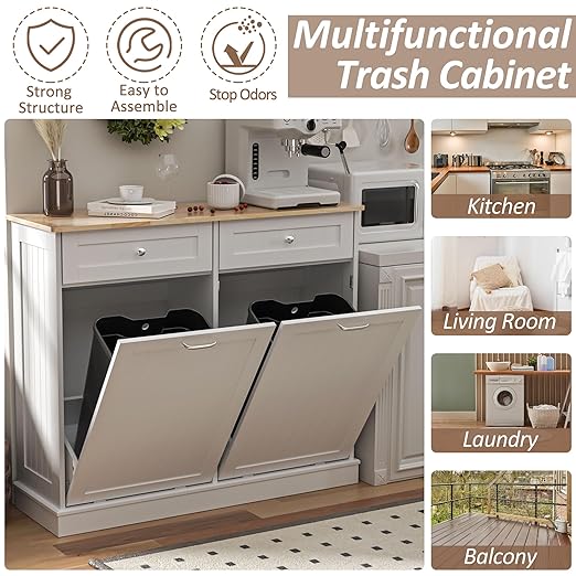 AHB Double Tilt Out Trash Can Cabinet Hidden Kitchen Trash Can, 2x13 Gallons Freestanding Recycling Cabinet with Hideaway Drawers Pet Proof Trash Can for Kitchen Living Room, White
