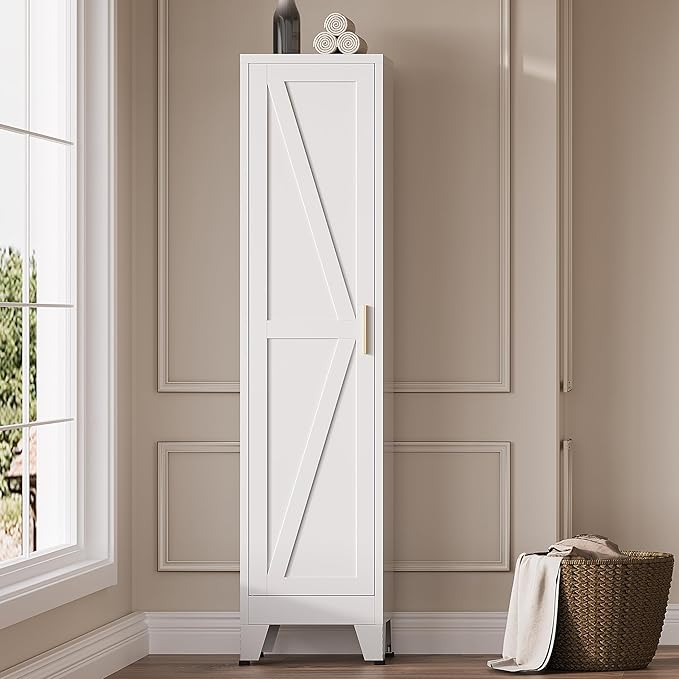 67" H Broom Closet Storage Cabinet,Metal Cleaning Cabinet,Narrow Storage Cabinets with 4 Adjustable Shelves,Slim Tall Floor Cabinet