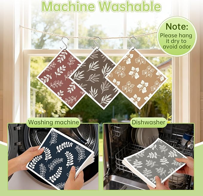Swedish Dishcloths for Kitchen, 5 Pack Leaf Reusable Paper Towels with 3 Hooks, Washable Dish Cloth Set, Absorbent Cleaning Cloths for Home Washing Dishes Housewarming Gifts for Friend