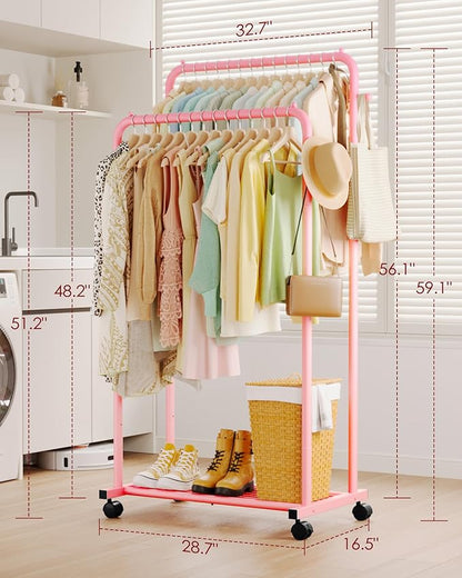 Sakugi Clothes Rack - Double Rods Clothing Rack with Mesh Shelf, Hooks & Wheels, Metal Clothing Racks for Hanging Clothes & Bags, Multifunctional Garment Rack for Laundry, Pink, 28.7" x 16.5" x 59.1"