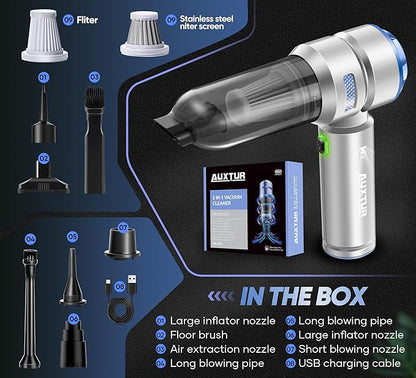 Handheld Cordless Car Vacuum|3 in 1 15000PA Mini Cleaner,120W High Power Brushless Motor,Super Suction Power Vacuums with Type-C Data Cable, Small Portable and Rechargeable Cleaner (Sliver)