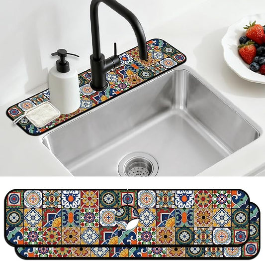 2 Pcs Kitchen Sink Splash Guard Faucet Mats Colored Bohemian Tiles Pattern Faucet Mat for Sinks Absorbing Drying Mat for Kitchen Bathroom, 23.6x5.5inch