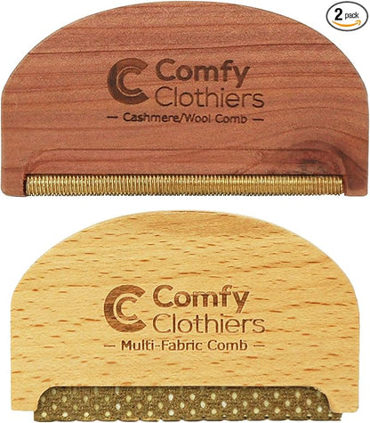 Comfy Clothiers Cedar Wood Cashmere Comb & Beech Wood Sweater Shaver Comb Combo Pack (One of Each Type) – Multi-Fabric Shaver Removes Pills, Fuzz and Lint from Garments