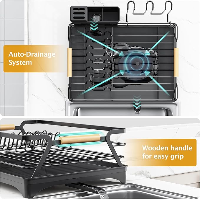 Epicano Dish Drying Rack for Kitchen Counter - Large Capacity Dish Rack with Wooden Handle,Cup Holder & Knife Slots, Rustproof Dish Drainer with Auto-Drainage System, Kitchen Sink Organizer, Black
