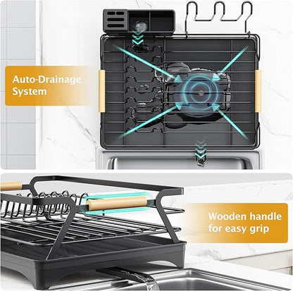 Epicano Dish Drying Rack for Kitchen Counter - Large Capacity Dish Rack with Wooden Handle,Cup Holder & Knife Slots, Rustproof Dish Drainer with Auto-Drainage System, Kitchen Sink Organizer, Black