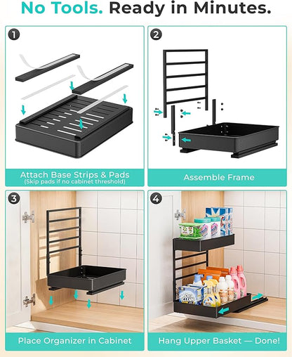 EVERIE Height Adjustable 2 Tier Metal Pull Out Slide Shelf Organizer for Under Sink Cabinets in Kitchen, Bathroom, with Snap-on Top Tray, 16" Deep (Black, 2 Sets) | Pull Out, Slide Shelf