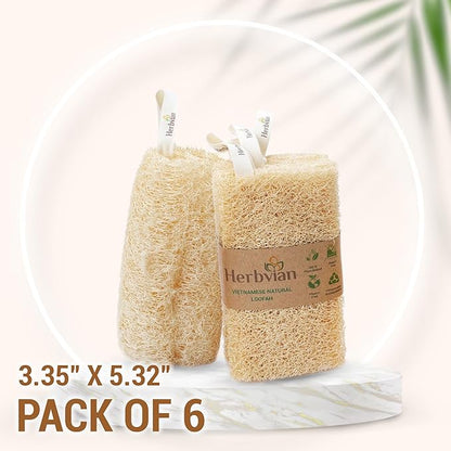 Natural Vietnamese Loofah Sponge, 100% Plant-Based Luffa Exfoliating Body Scrubber for Shower, Multi-Functional for Kitchen, Ideal for Men & Women, Spa & for Pet (6pcs/Pack)