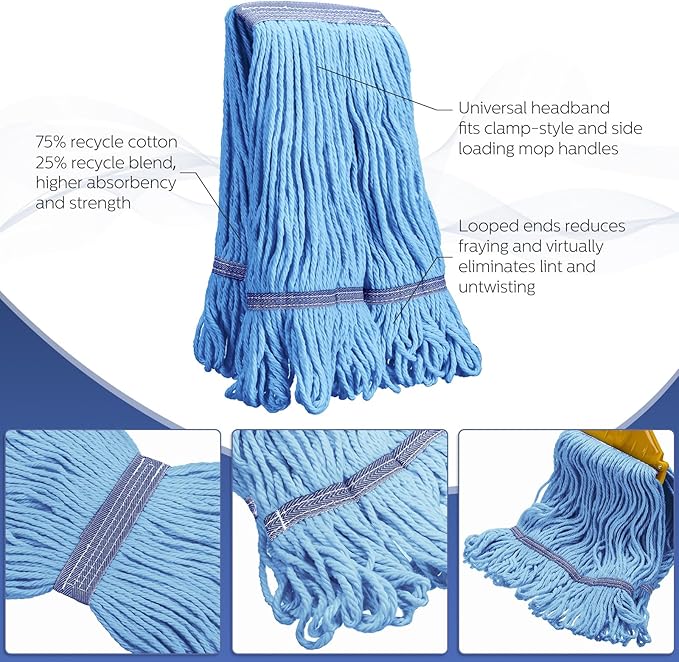 Eccliy 6 Pack Mop Heads Replacement Commercial Industrial Mop Heads Heavy Loop End Cotton String Heavy Duty Refills Wet Washable Refills for Home General Floor Cleaning (Blue,Orange)