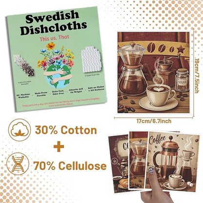 Reusable Swedish Dishcloths for Kitchen, 6PCS Coffee Cellulose Sponge Paper Towels Washable, Vintage Absorbent Fast Drying Swedish Dish Cloth for Home Cleaning