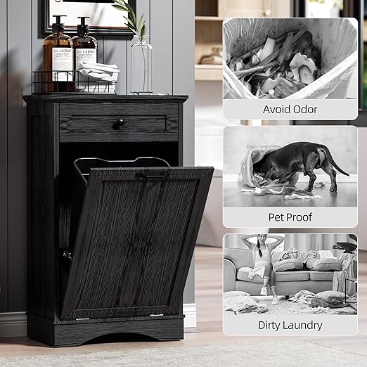 AHB 13 Gallons Tilt Out Trash Cabinet Hidden Trash Can Cabinet Freestanding Garbage Recycling Cabinet with Hideaway Drawer Pet Proof Trash Bin for Kitchen Living Room, Black