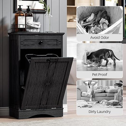 AHB 13 Gallons Tilt Out Trash Cabinet Hidden Trash Can Cabinet Freestanding Garbage Recycling Cabinet with Hideaway Drawer Pet Proof Trash Bin for Kitchen Living Room, Black