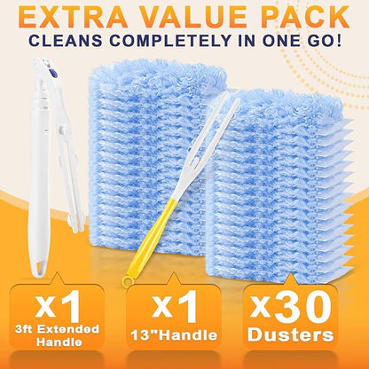 30-Pack Heavy Duty Duster Refills Compatible with Swiffer, 3FT Extendable Handle, 5X Multi-Surface Microfiber Duster for Home, Fans, Blinds, Vents & Car Cleaning