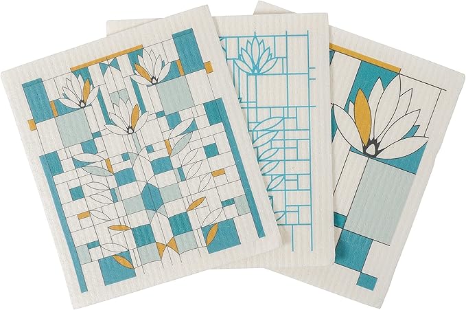 KAF Home Frank Lloyd Wright Swedish Dish Cloths (6.7 x 7.5-inch) - Set of 3 Reusable, Absorbent Cellulose Sponge Towels for Kitchen, Cleaning Counters, and Washing Dishes (Water Lilies)
