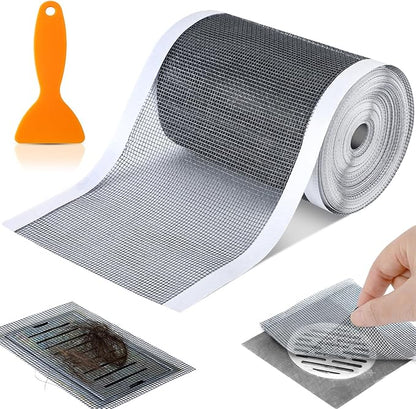 1 Pack 4 Inch x 33 ft Linear Shower Drain Hair Catcher Screen Disposable Adhesive Cutable Mesh Shower Drain Cover Stickers for Linear DIY Floor with Removal Tool for Bathroom Kitchen Bathtub