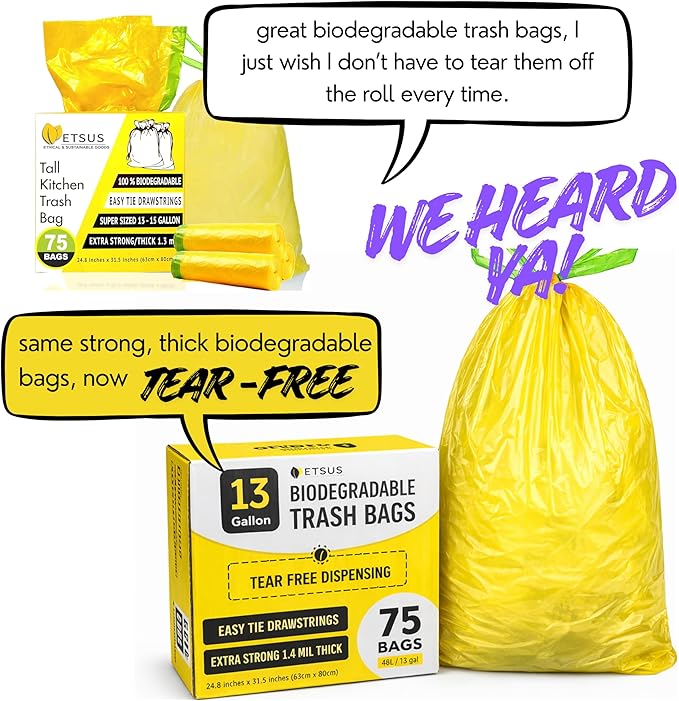 13 Gallon Biodegradable Trash Bags with Drawstring, 75 Count – 1.4 Mil Thick Plant Based Tall Kitchen Garbage Bags with Convenient Tear-free Dispensing, Heavy Duty Leak Resistant Green Garbage Liners