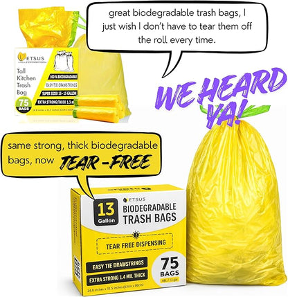 13 Gallon Biodegradable Trash Bags with Drawstring, 75 Count – 1.4 Mil Thick Plant Based Tall Kitchen Garbage Bags with Convenient Tear-free Dispensing, Heavy Duty Leak Resistant Green Garbage Liners