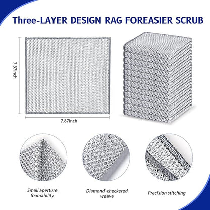 Wangjinpeng 24 Pcs New Upgrade 3-Layer Metal Dish Cloths, Non-Scratch Odor-Free Multipurpose Wire Dishwashing Rags for Wet Dry Use, Kitchen Cleaning Cloths for Dishes, Sinks & Stove Tops(7.87X7.87)