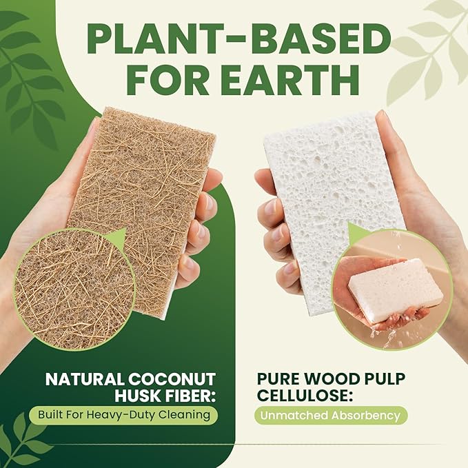 Metflavor 6 Pack Natural Kitchen Sponges, Biodegradable Non-Scratch Cellulose Sponge with Coconut Scrubber for Dishes, Compostable, Non Toxic Cleaning Sponges for Kitchen, Bathroom, Household