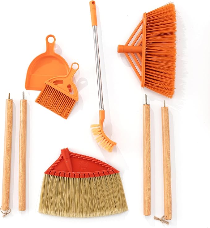 Bathroom Cleaning Broom Set, 4-Piece Broom and Dustpan Set with Long & Short Handle Brooms – Stiff Floor Broom, Angle Broom & Toilet Scrub Brush – Cleaning Tools for Bathroom & Kitchen