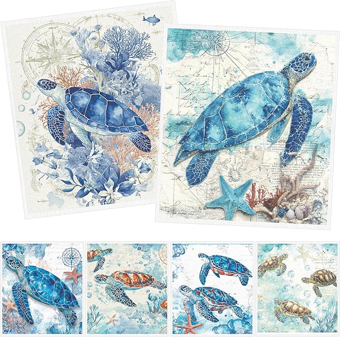 Swedish Dishcloths for Kitchen, 6PCS Sea Turtle Swedish Dish Cloths Gift Set, Starfish Reusable Washable Absorbent Dish Towel for Home Cleaning(7.8 X 7 Inches)