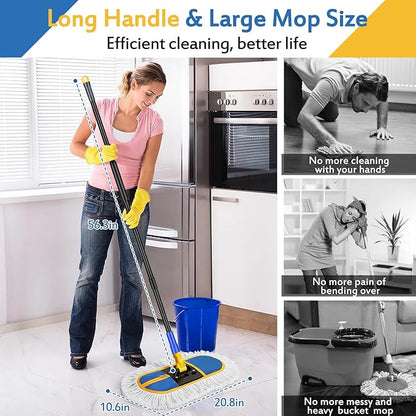Commercial Dust Mop for Floor Cleaning - Industrial Wet Dry Broom with 2 Washable Mops Pads for Hardwood Vinyl Laminate Floors Warehouse Courtyard Cleaning,16 Inch,Blue
