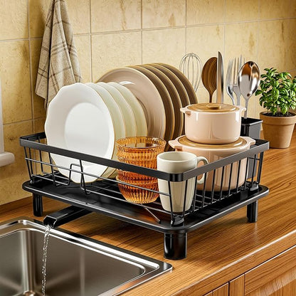 MOUKABAL Dish Drying Rack, Dish Rack, Stainless Steel Dish Racks for Kitchen Counter, Dish Drainer with Removable Utensil Holder, Drainboard (Black,11''W x 15''L)