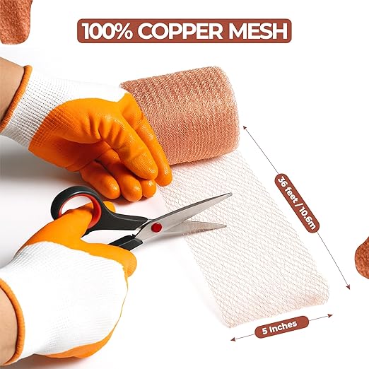 Copper Mesh Rodent Control, 5in x 36ft- Rustproof Copper Mesh Roll for Rodent, Bat & Snail - Perfect for Hole Blocking, Gardening & Sealing Water Opening - Plus Bonus Scissor & Gloves