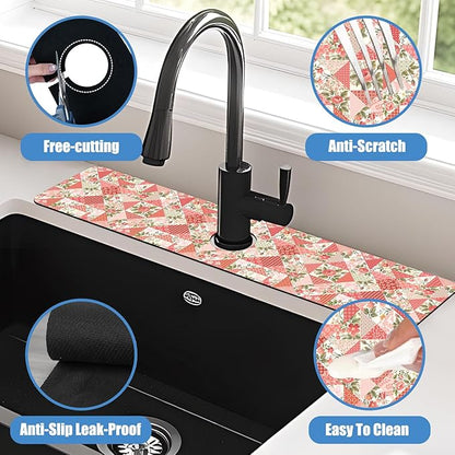 Sink Splash Guard Faucet Mat Roses and Butterflies Absorbent Fast Drying Mat Sink Gadgets Splash Guard Behind Faucet Drip Catcher for Kitchen Bathroom 23.5"X5.5"
